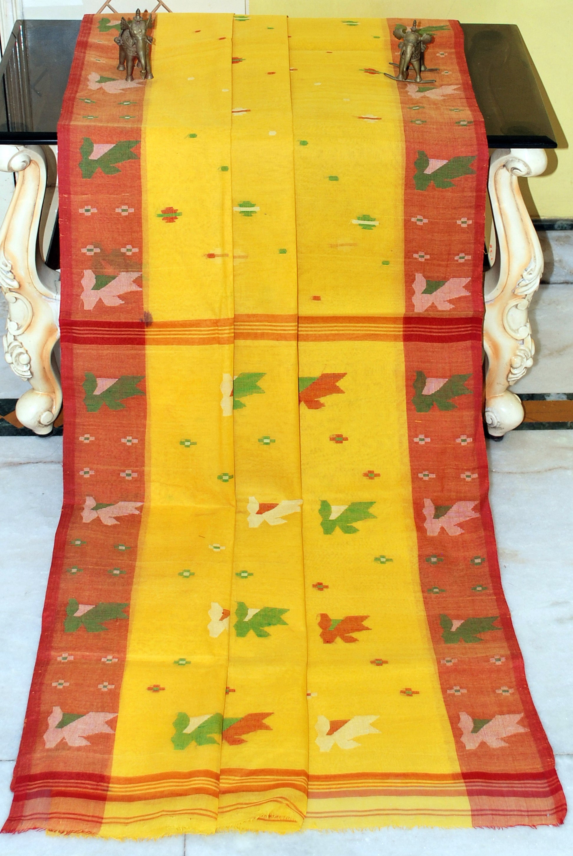 Traditional Hand Work Cotton Dhakai Jamdani Saree in Yellow, Red, Green and Off White