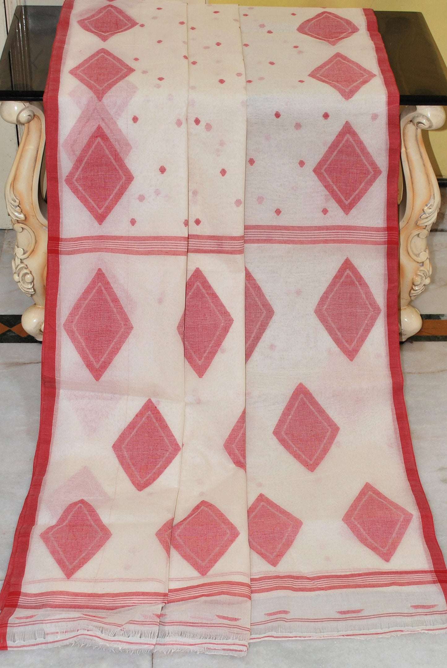 Diamond Motif Hand Work Pure Cotton Jamdani Saree in Off White and Red