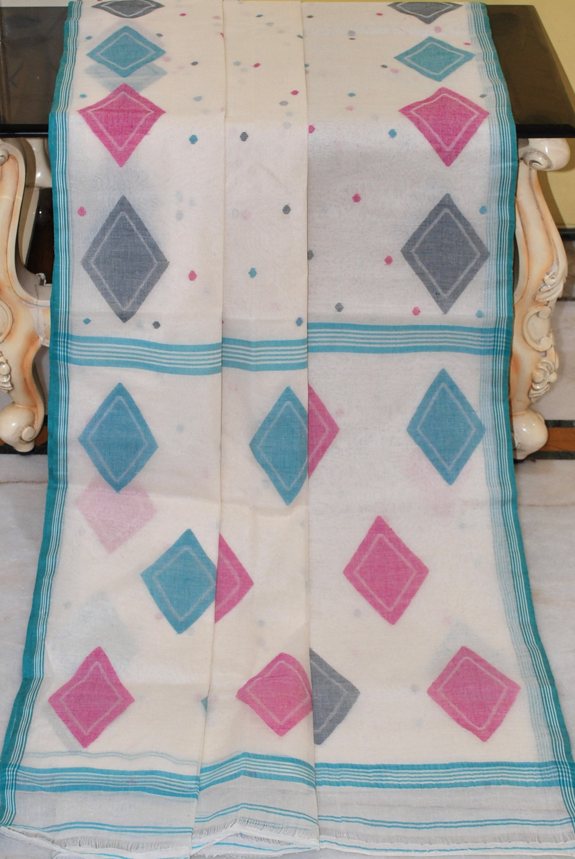 Diamond Motif Hand Work Pure Cotton Jamdani Saree in Off White, Hot Pink, Cyan and Black