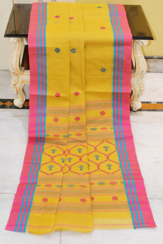 Hand Work Cotton Dhakai Jamdani Saree in Mustard Golden, Hot Pink and Cerulean Blue Thread Work