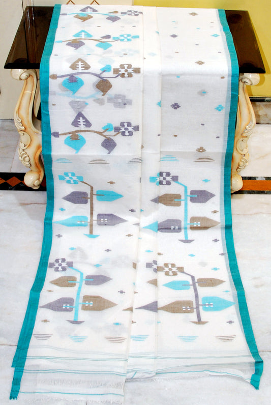 Hand Woven Skirt Nakshi Work Cotton Dhakai Jamdani Saree in White, Teal Green and Multicolored