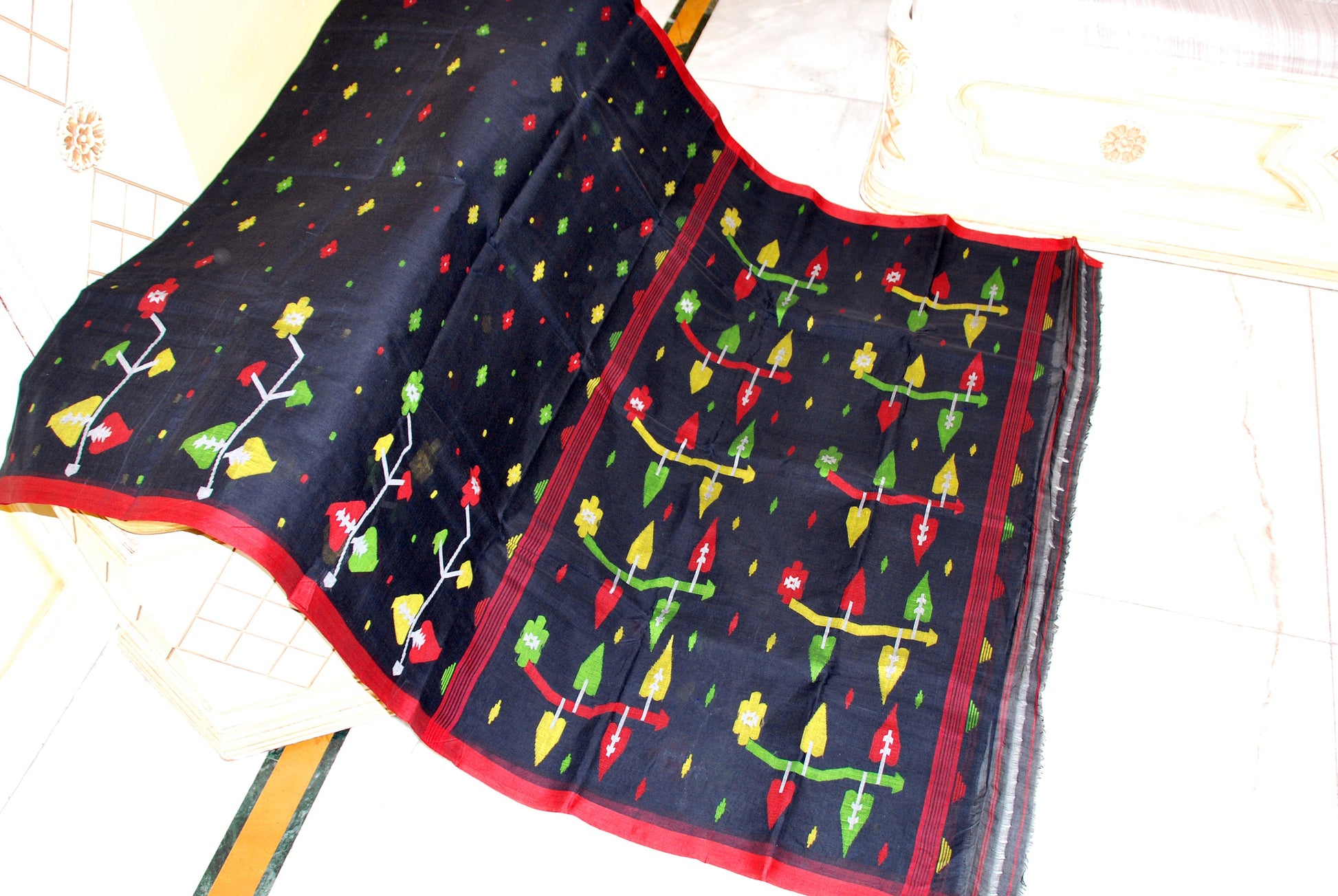 Hand Woven Skirt Nakshi Work Cotton Dhakai Jamdani Saree in Black, Red and Multicolored