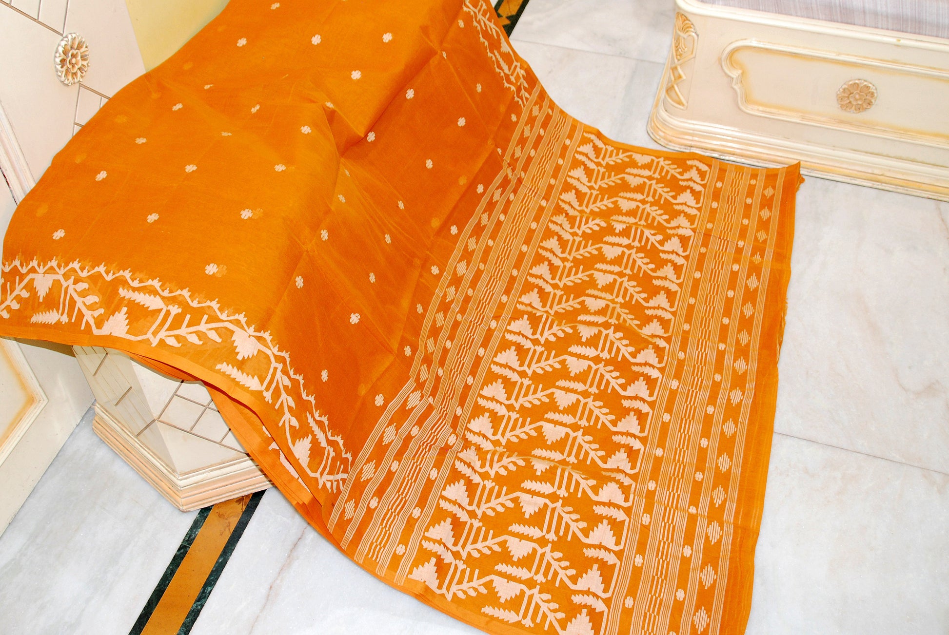 Hand Karat Needle Woven Work Pure Cotton Bengal Jamdani Saree in Mustard and Off White