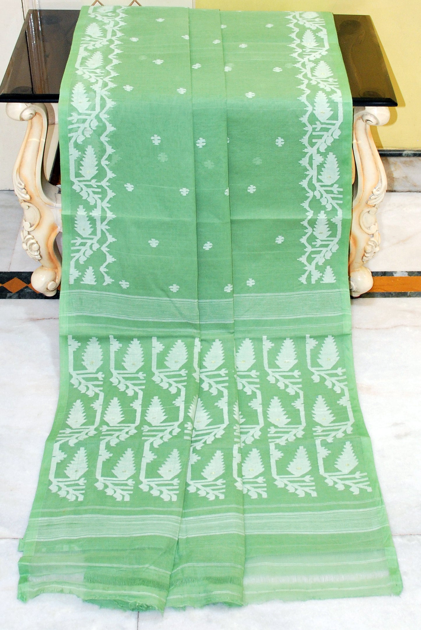 Hand Karat Woven Work Pure Cotton Bengal Jamdani Saree in Celadon Green and Off White