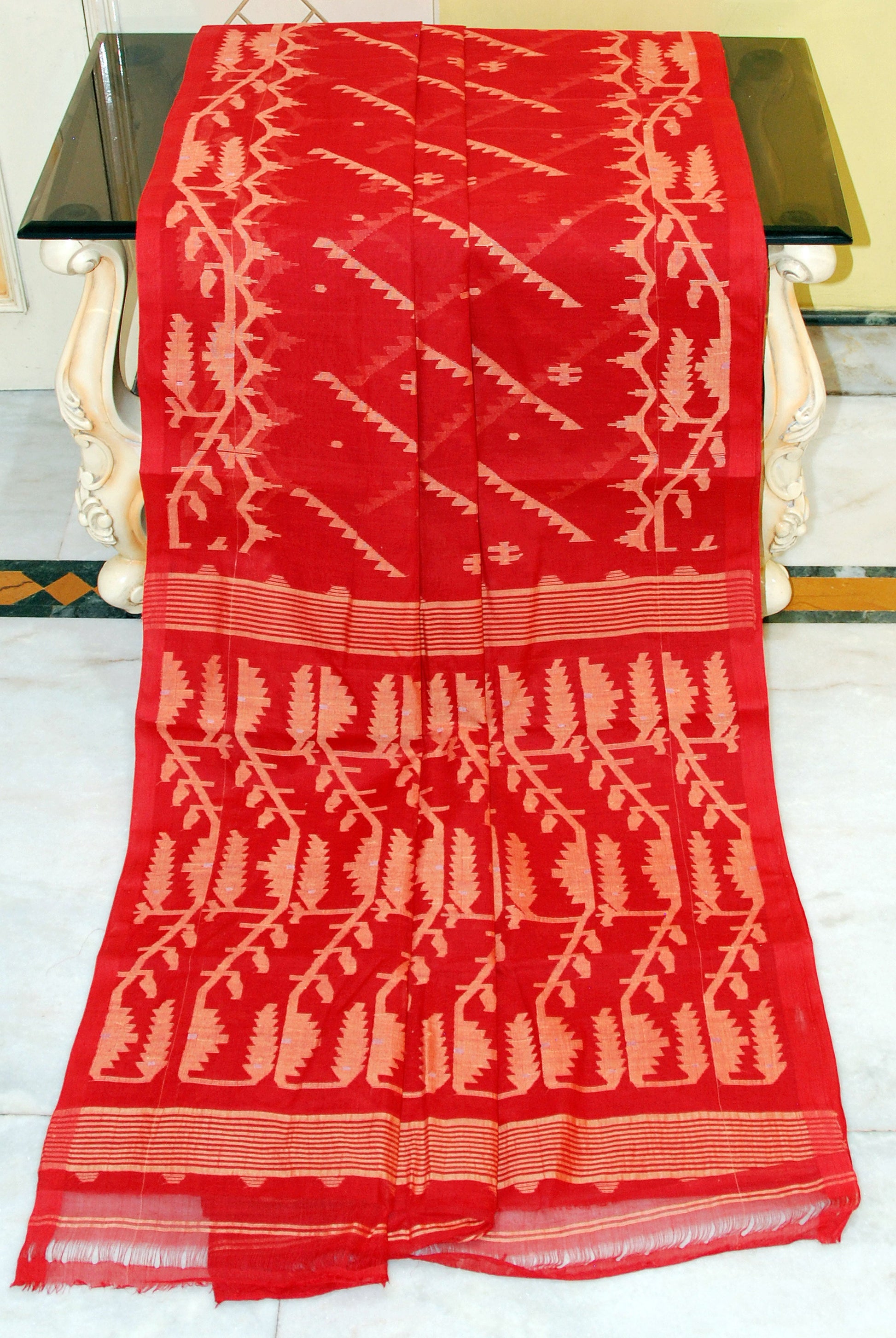 Traditional Handwoven Allover Needle Karat Work Cotton Dhakai Jamdani Saree in Red and Biscotti Thread Work