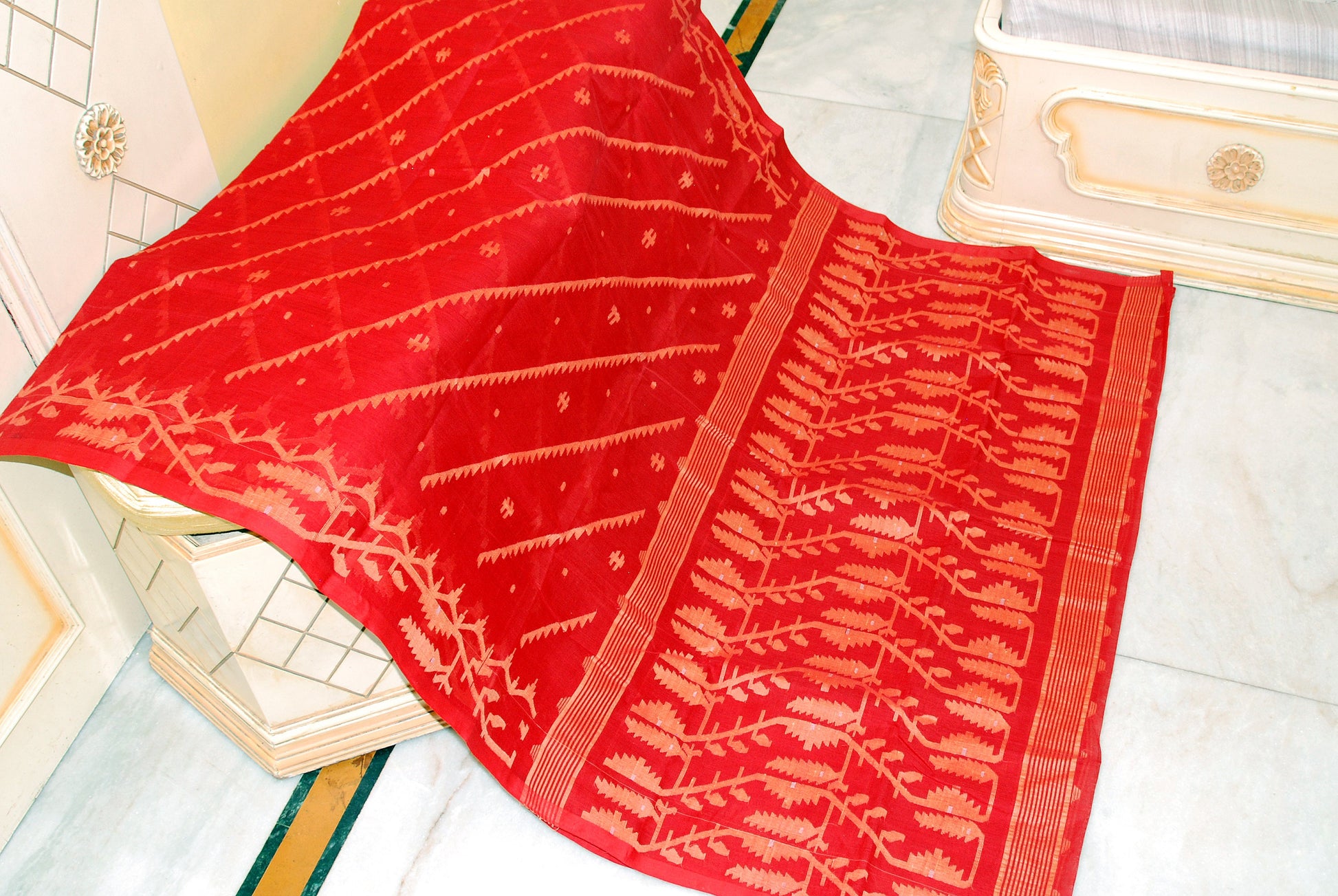 Traditional Handwoven Allover Needle Karat Work Cotton Dhakai Jamdani Saree in Red and Biscotti Thread Work