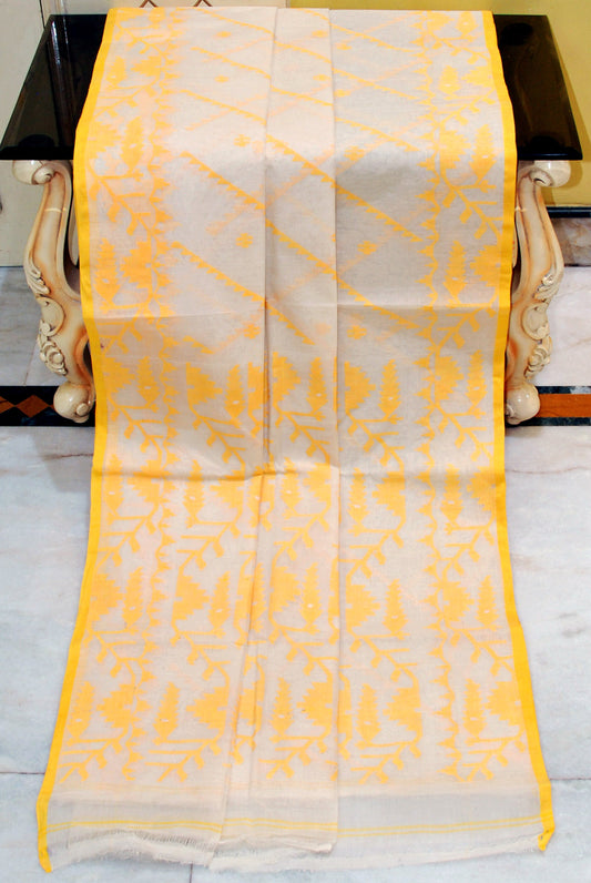 Traditional Handwoven Allover Needle Karat Work Cotton Dhakai Jamdani Saree in Off White and Bright Yellow Thread Work