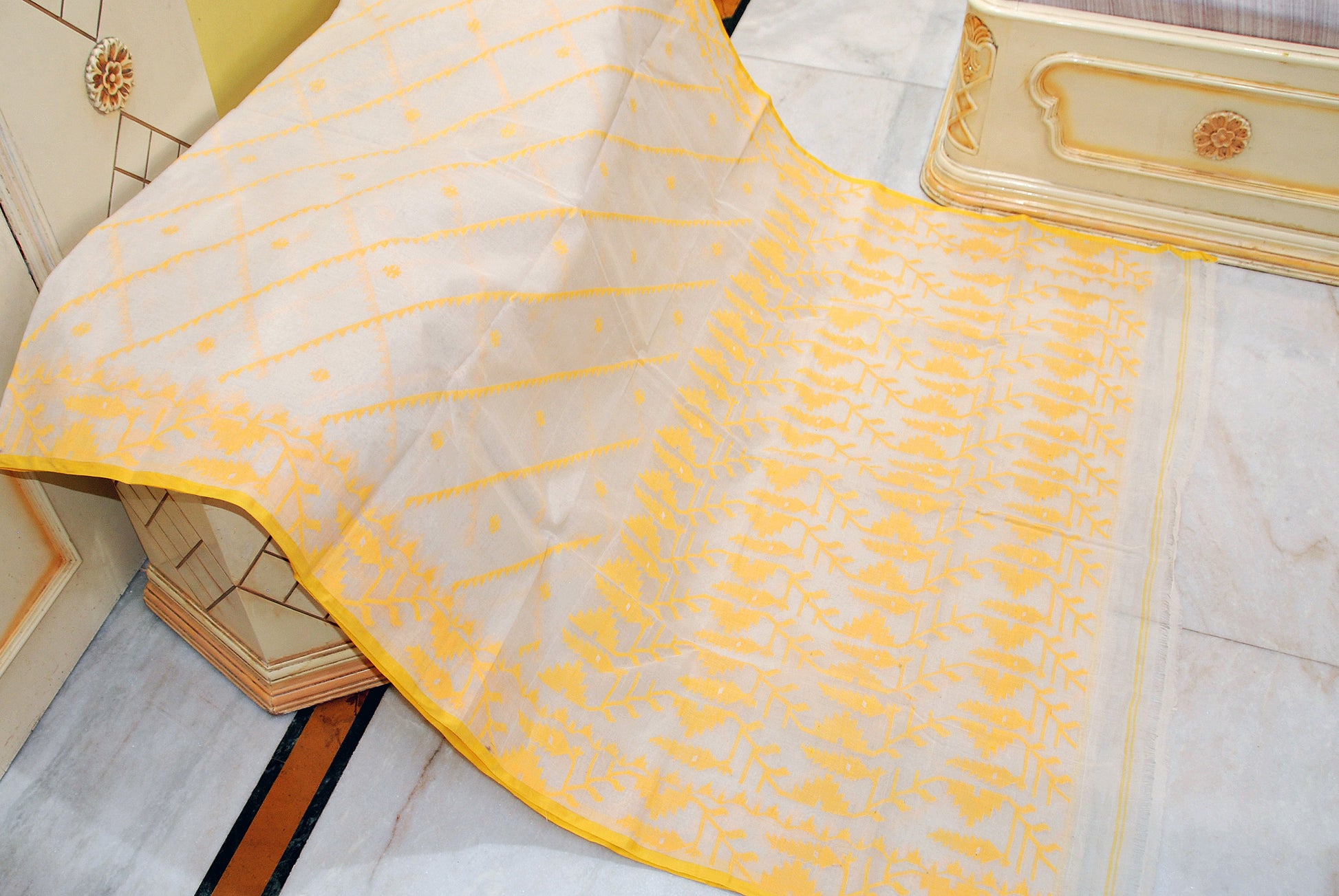 Traditional Handwoven Allover Needle Karat Work Cotton Dhakai Jamdani Saree in Off White and Bright Yellow Thread Work