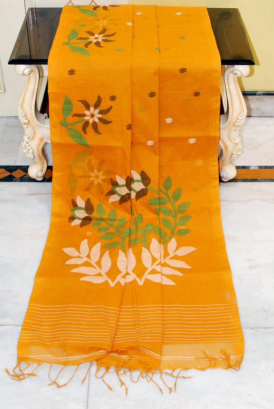 Designer Nakshi Woven Skirt Border Work Pure Cotton Bengal Jamdani Saree in Yellow Ochre and Multicolored