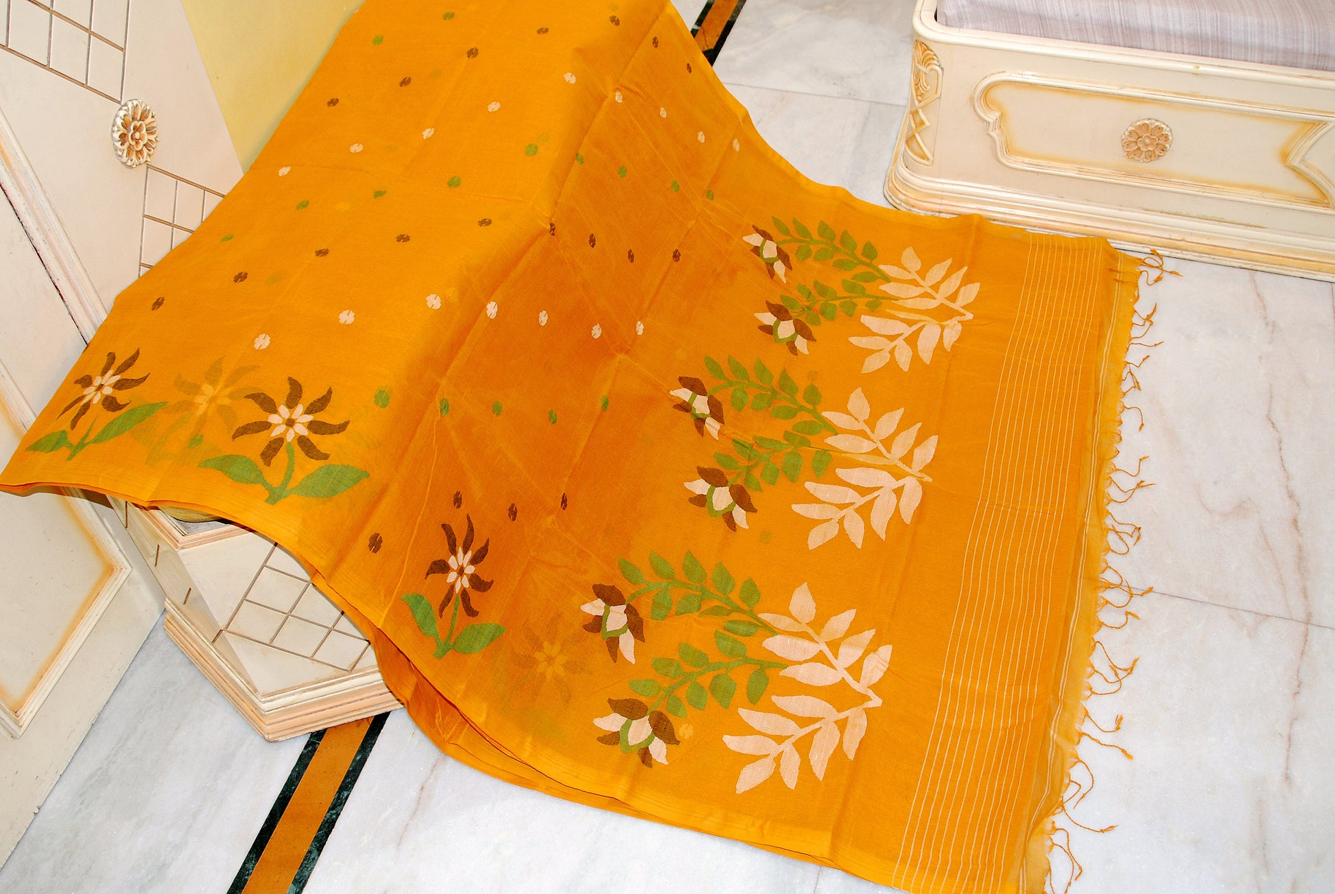 Designer Nakshi Woven Skirt Border Work Pure Cotton Bengal Jamdani Saree in Yellow Ochre and Multicolored