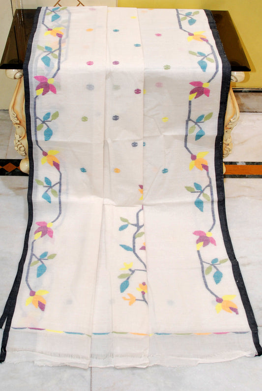 Tilfi Handwoven Work Cotton Dhakai Jamdani Saree in Off White, Black and Multicolored Thread Work