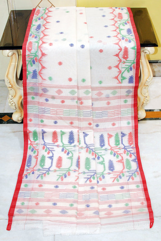Hand Karat Needle Woven Work Pure Cotton Bengal Jamdani Saree in Off White, Red and Multicolored