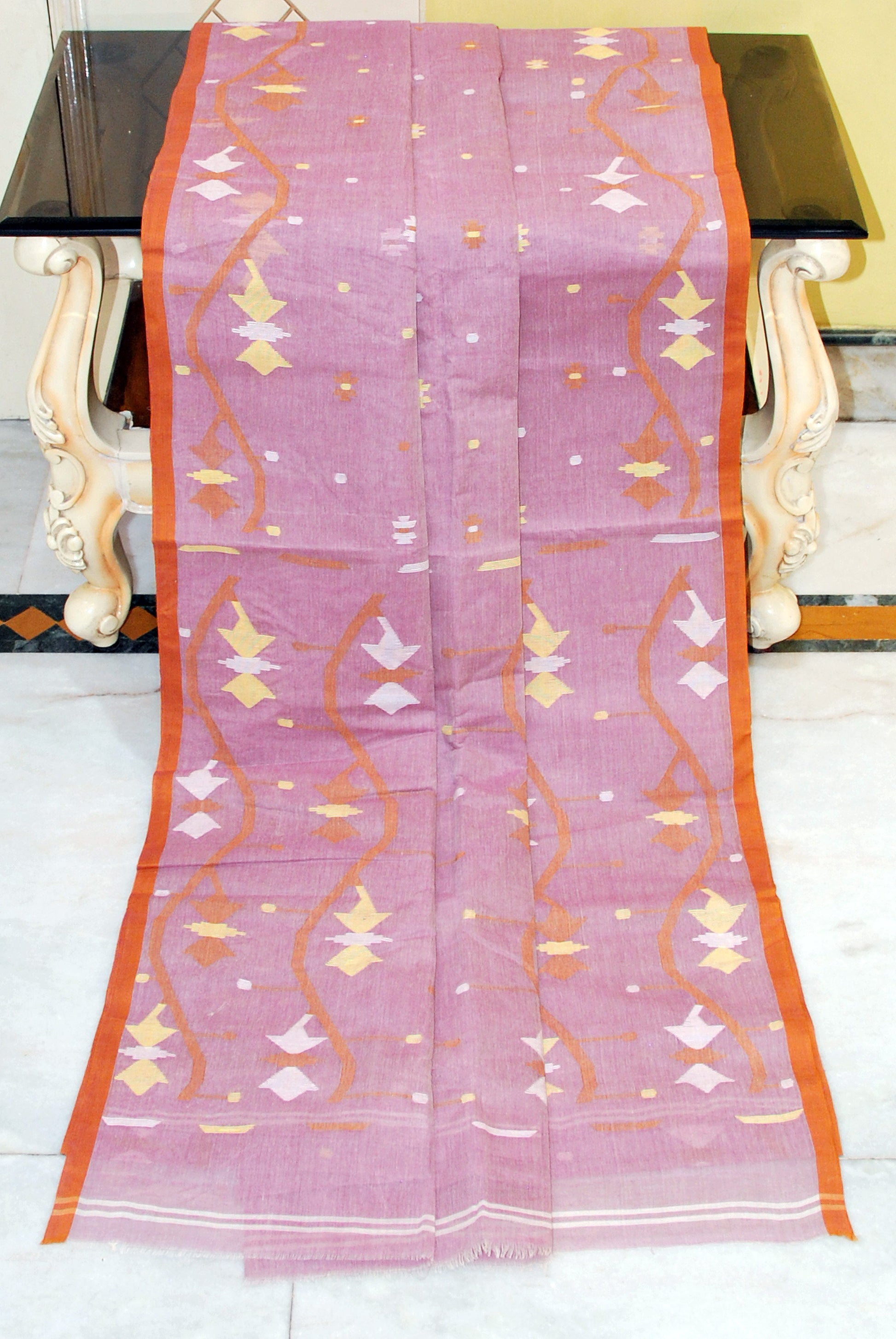 Hand Woven Cotton Dhakai Jamdani Saree in Light Onion, Mustard Golden, Beige and Off White