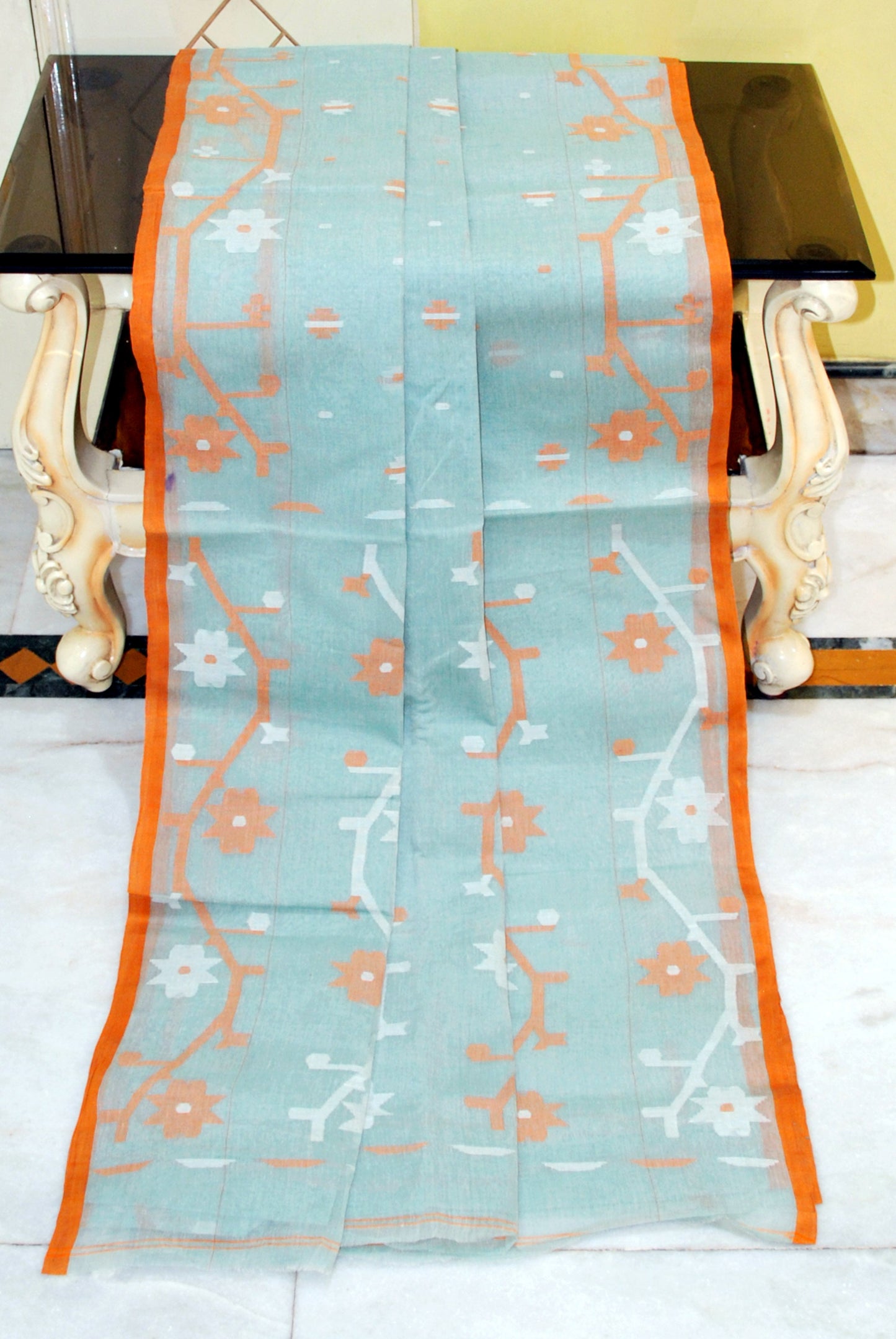 Hand Woven Cotton Dhakai Jamdani Saree in Aqua Green, Burnt Orange and Off White