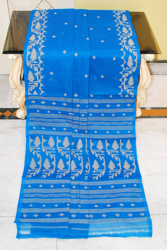 Hand Karat Needle Woven Work Pure Cotton Bengal Jamdani Saree in Cobalt Blue and Beige