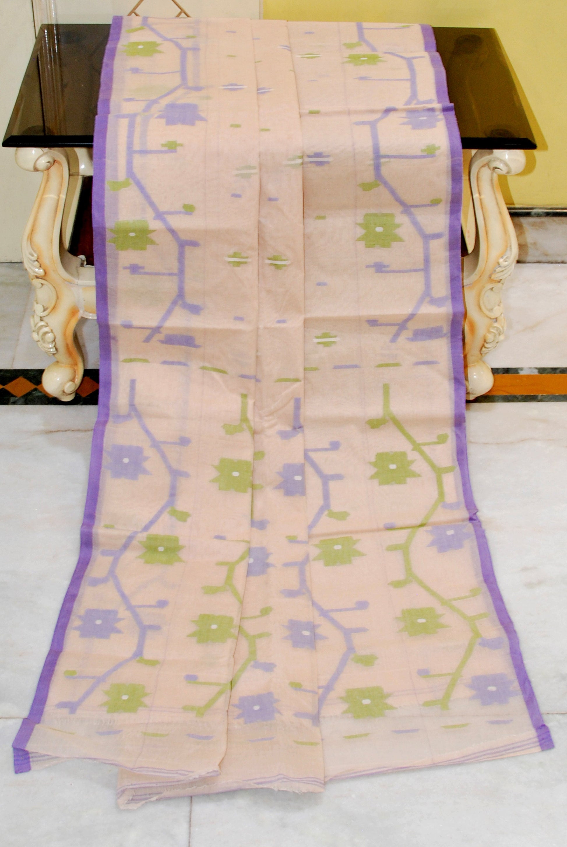 Hand Woven Cotton Dhakai Jamdani Saree in Beige, Purple and Olive Green