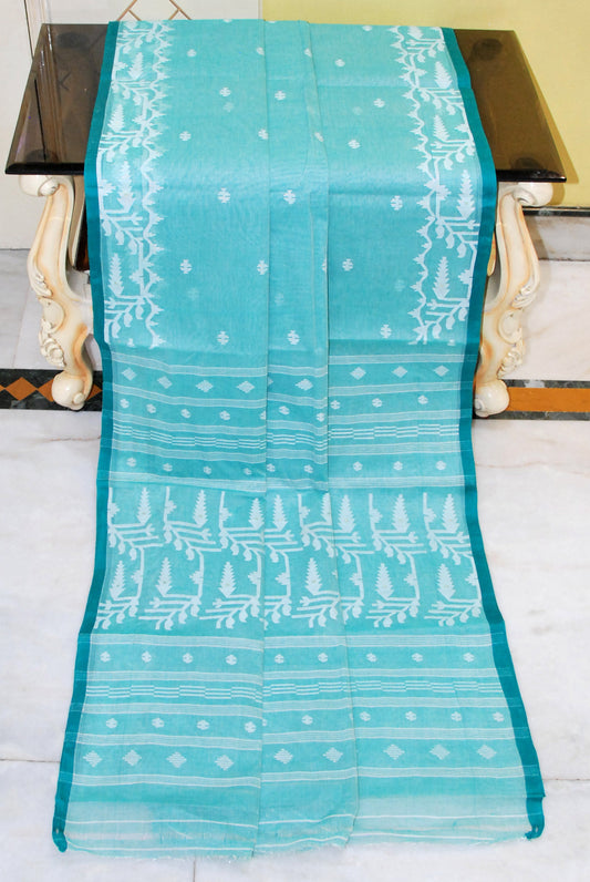 Hand Karat Needle Woven Work Pure Cotton Bengal Jamdani Saree in Common Teal and Off White with Dark Teal Selvage