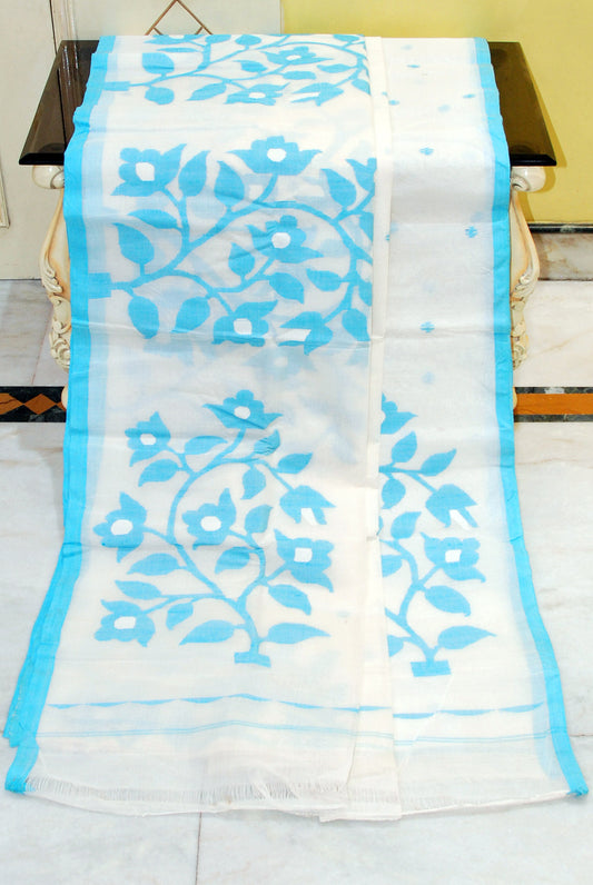 Nakshi Hand Work Jamdani Saree in White and Sky Blue Thread Work