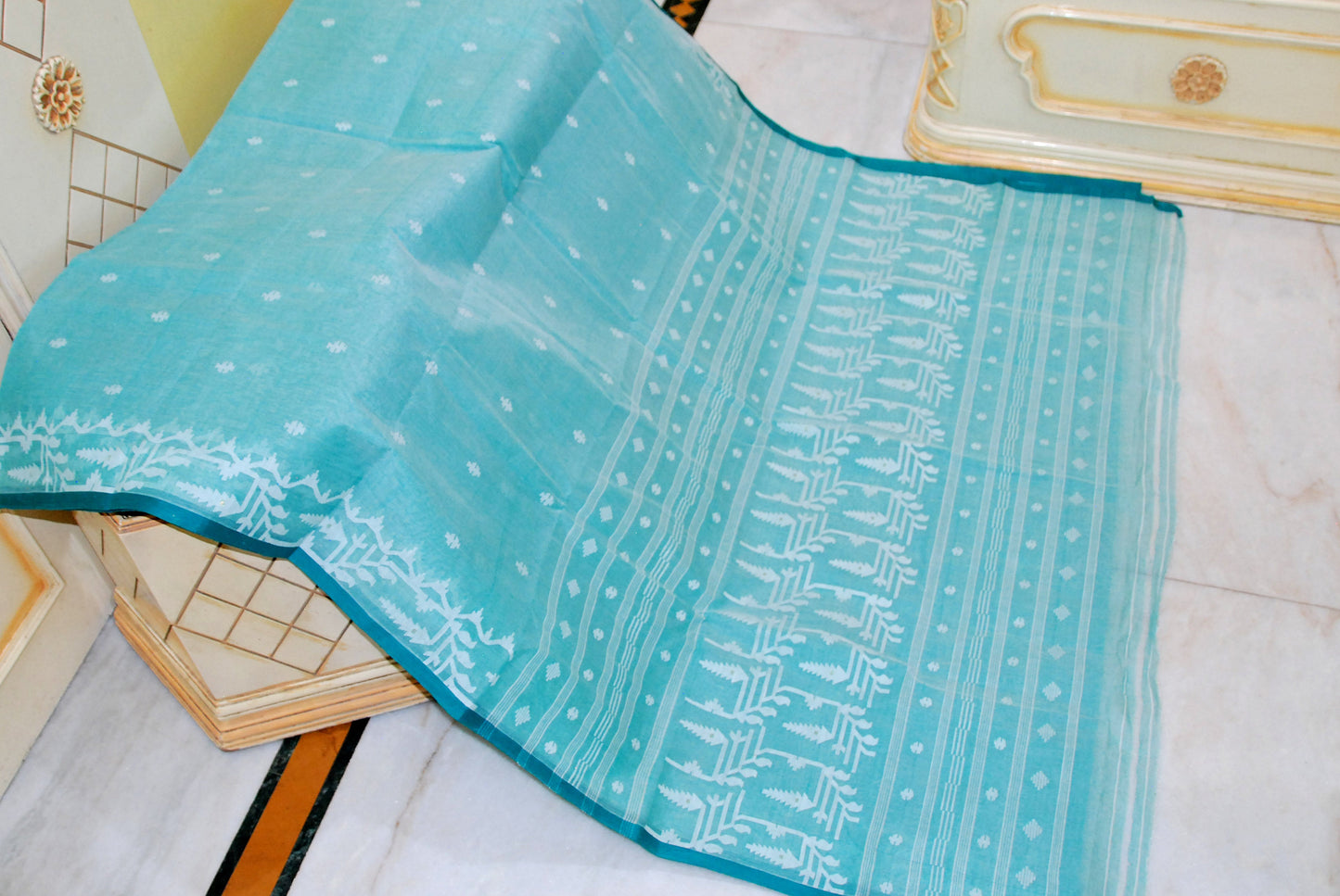 Hand Karat Needle Woven Work Pure Cotton Bengal Jamdani Saree in Common Teal and Off White with Dark Teal Selvage