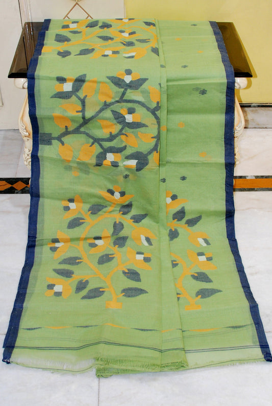 Nakshi Hand Work Jamdani Saree in Soup Green, Midnight Blue, Amber and White Thread Work