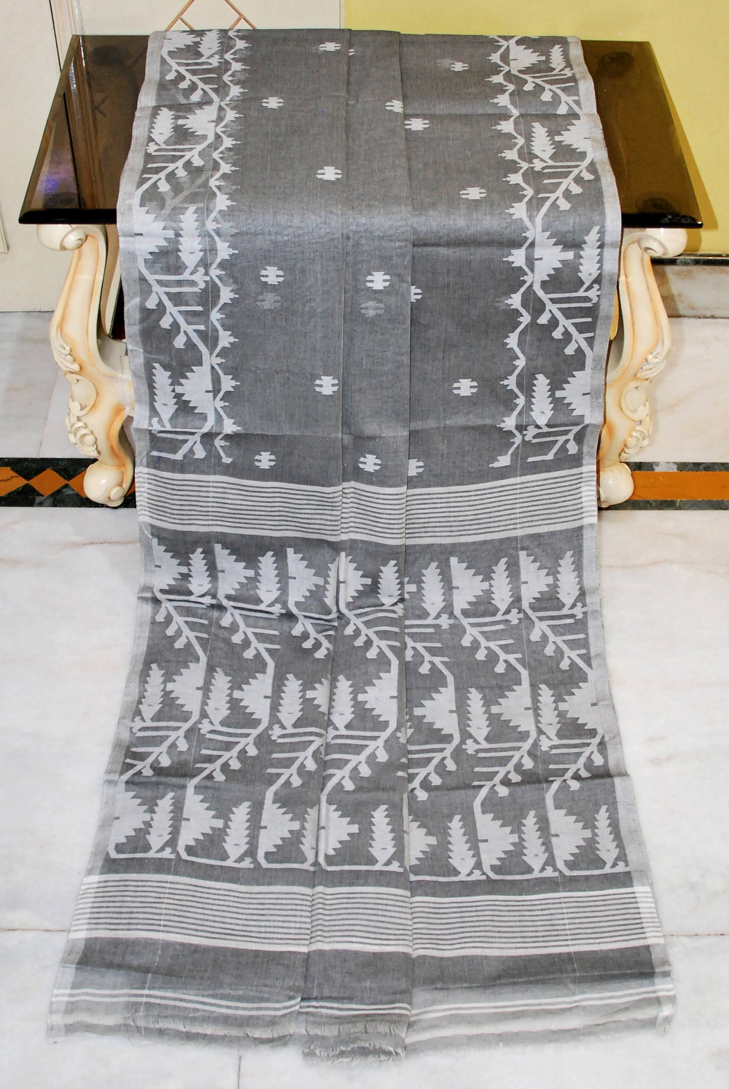 Hand Karat Needle Woven Work Pure Cotton Bengal Jamdani Saree in Lead Grey and Off White