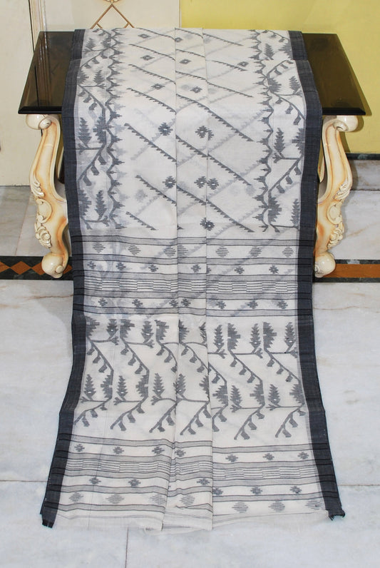 Traditional Handwoven Allover Needle Karat Work Cotton Dhakai Jamdani Saree in Off White and Black Thread Work