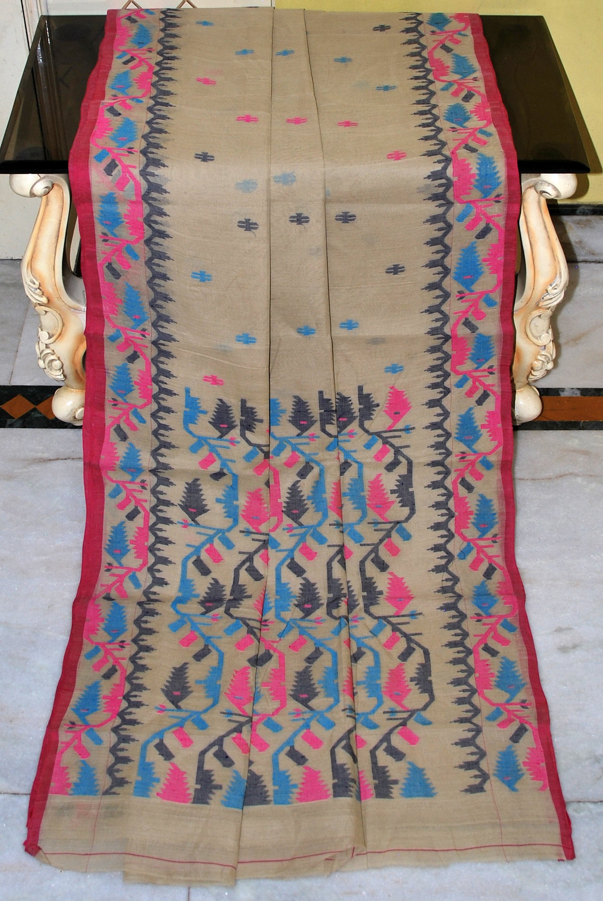 Hand Karat Needle Woven Work Pure Cotton Bengal Jamdani Saree in Ecru, Black, Hot Pink  and Blue