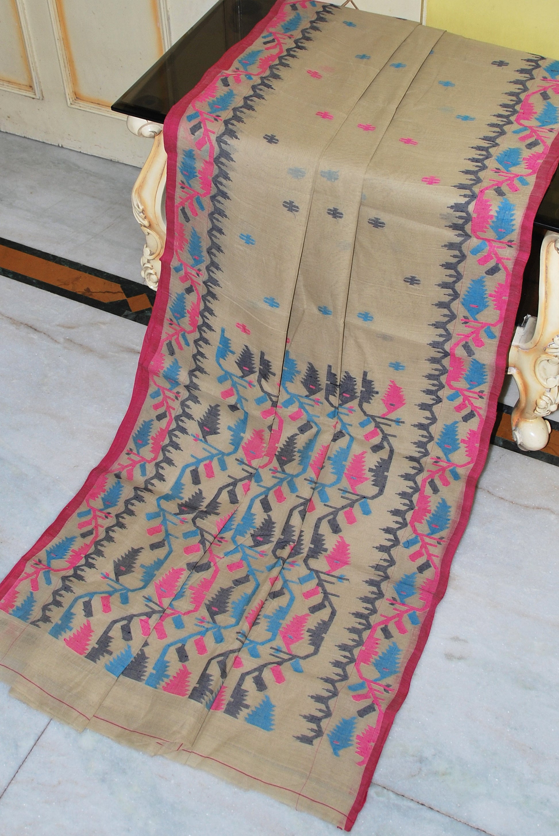 Hand Karat Needle Woven Work Pure Cotton Bengal Jamdani Saree in Ecru, Black, Hot Pink  and Blue