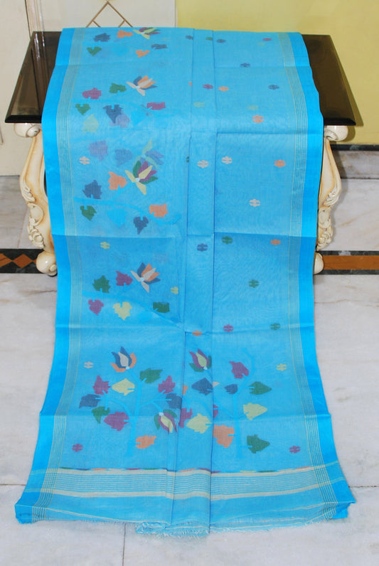 Tilfi Handwoven Work Cotton Dhakai Jamdani Saree in Baby Blue and Multicolored Thread Work