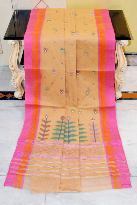 Handwoven Minakari Work Pure Cotton Bengal Jamdani Saree in Beige, Pink, Orange and Multicolored Thread Work