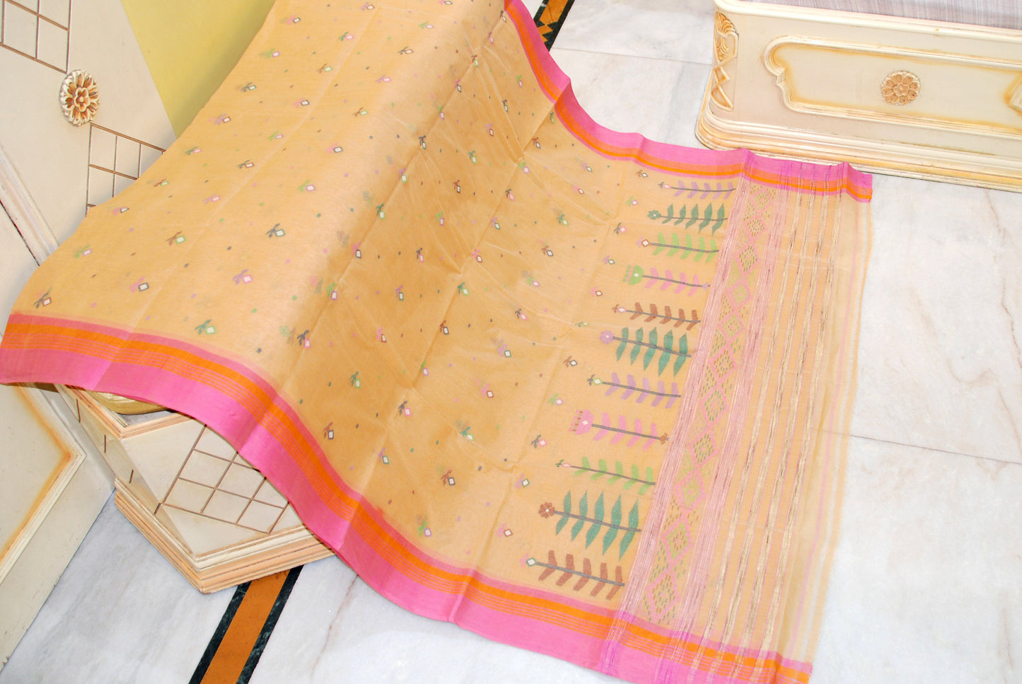 Handwoven Minakari Work Pure Cotton Bengal Jamdani Saree in Beige, Pink, Orange and Multicolored Thread Work