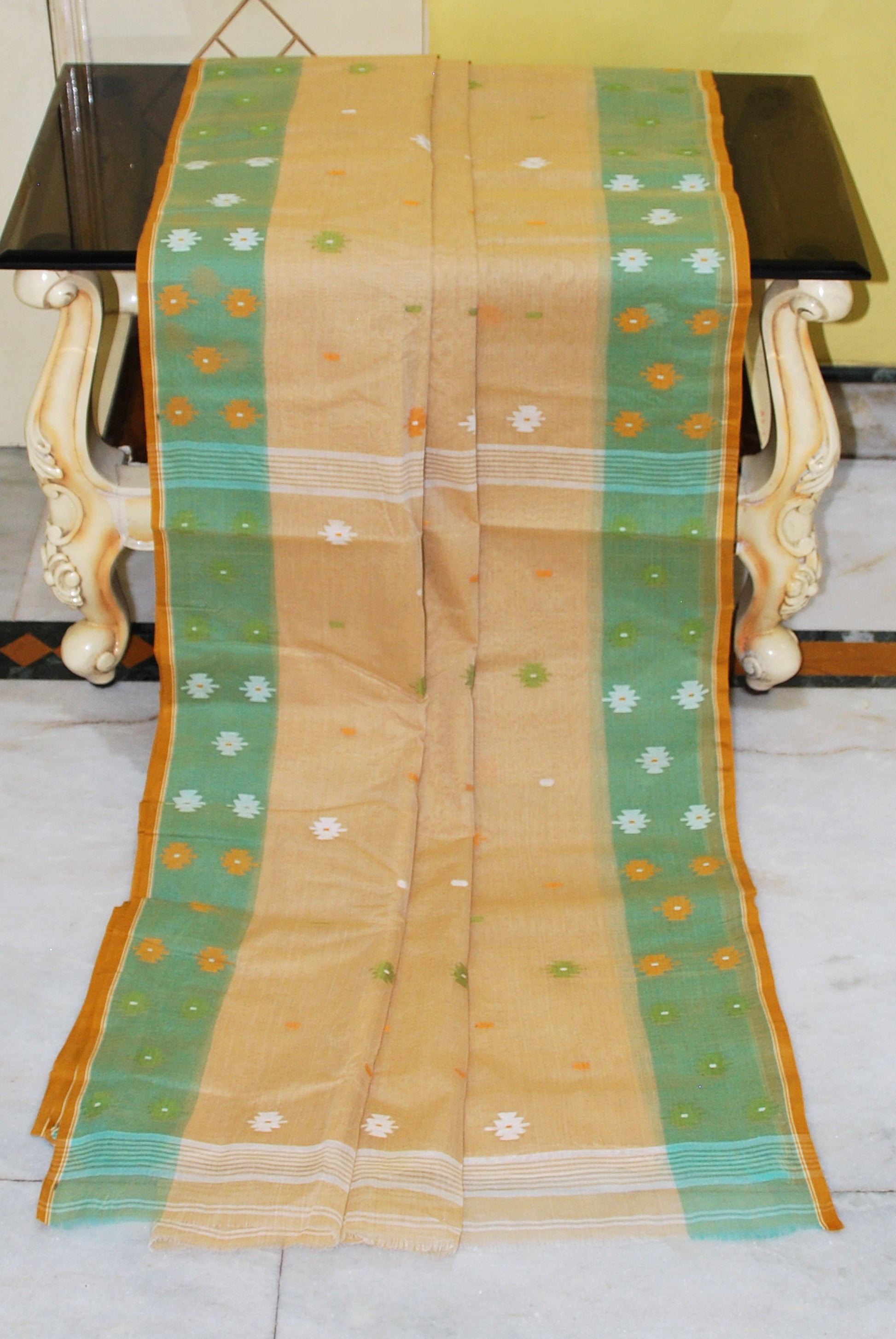 Hand Work Cotton Dhakai Jamdani Saree in Beige, Pale Green and Multicolored