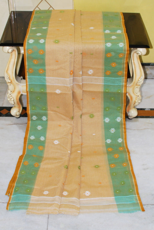 Hand Work Cotton Dhakai Jamdani Saree in Beige, Pale Green and Multicolored