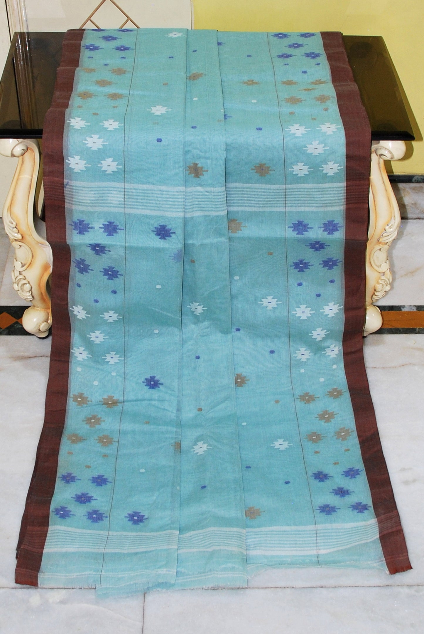 Poth Border Karat Woven Work Pure Cotton Jamdani Saree in Robin Egg Blue, Brown and Multicolored Thread Work