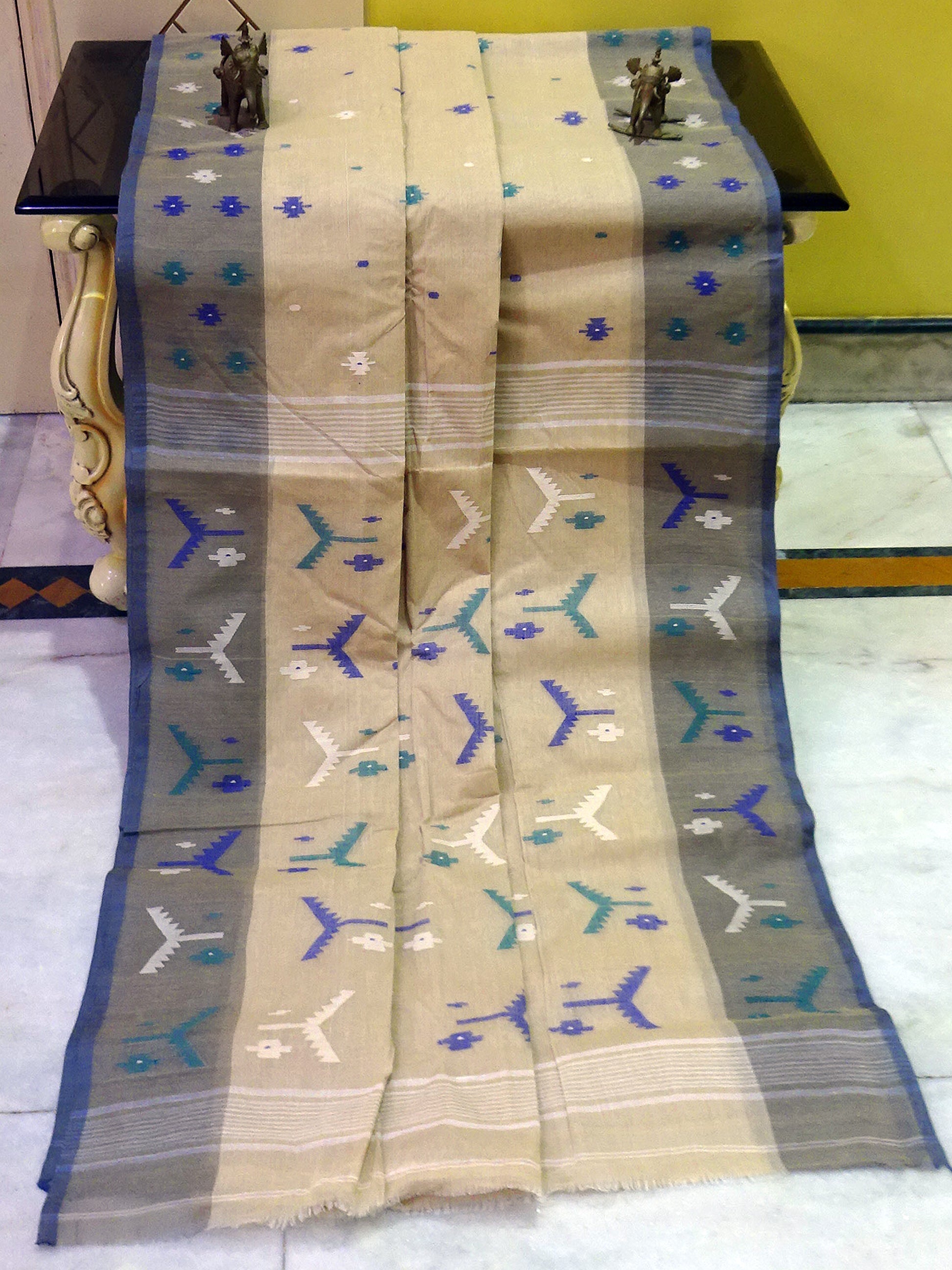 Hand Work Cotton Dhakai Jamdani Saree in Khaki, Slate Grey and Multicolored