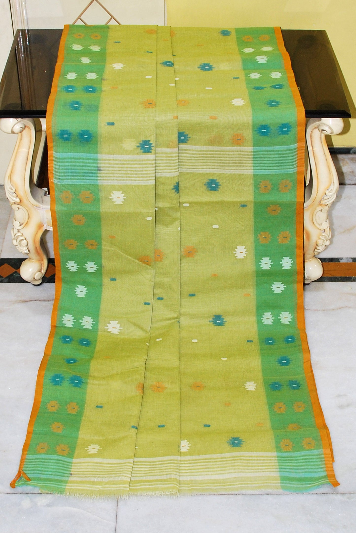 Hand Work Cotton Dhakai Jamdani Saree in Lime Green, Green, Mustard Brown and Multicolored