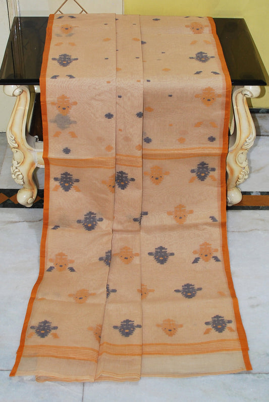 Traditional Hand Karat Work Cotton Jamdani Saree in Warm Beige, Brown and Black Thread Work