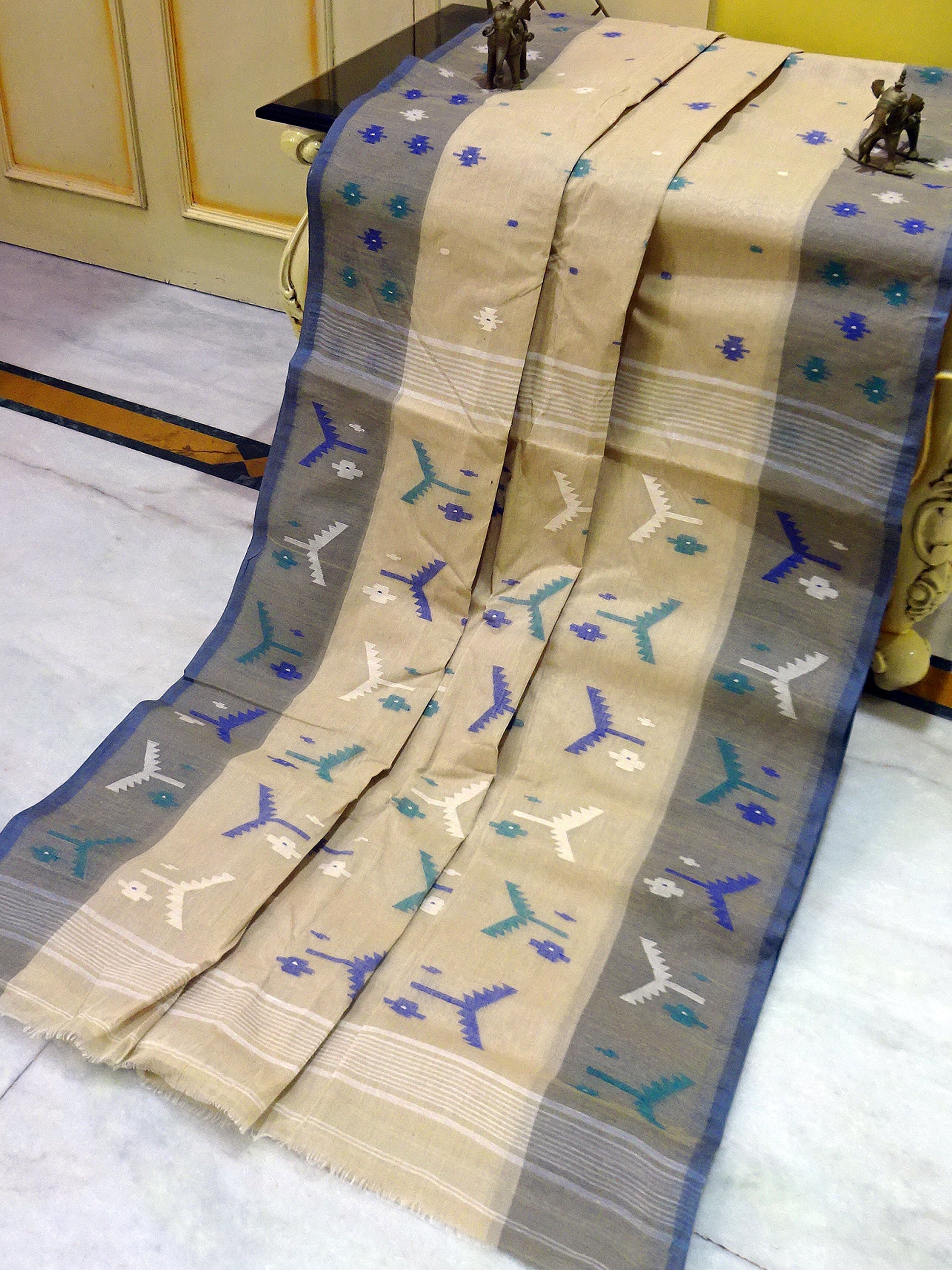 Hand Work Cotton Dhakai Jamdani Saree in Khaki, Slate Grey and Multicolored