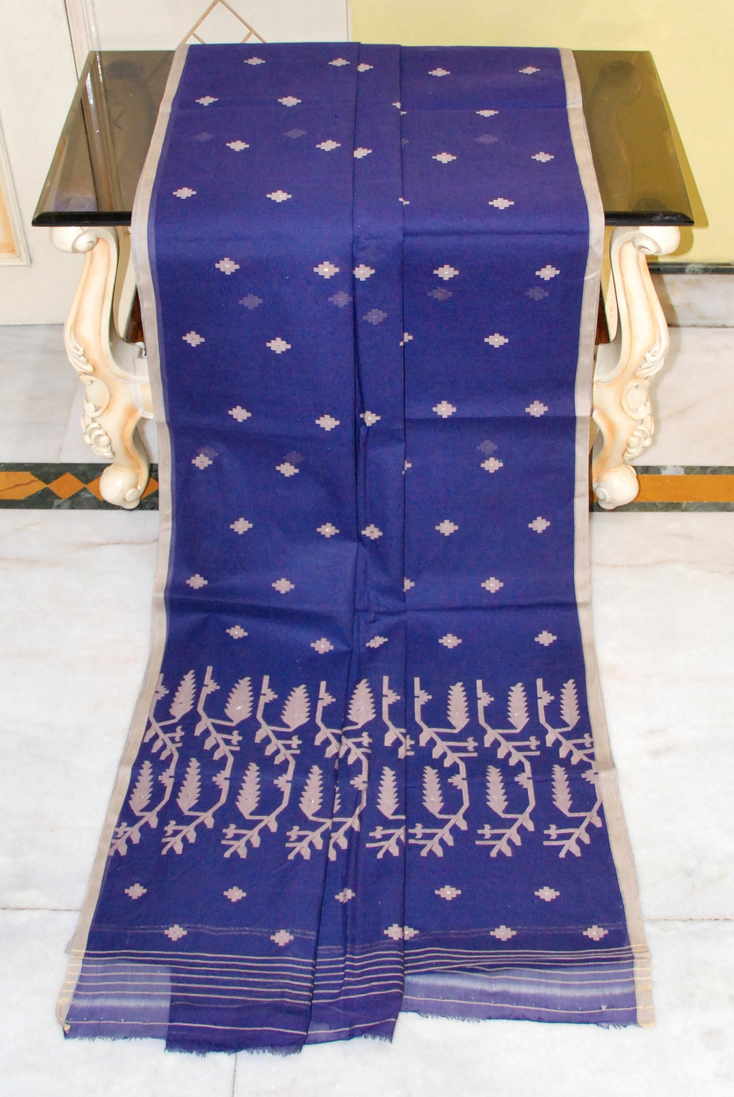 Traditional Needle Karat Work Poth Jamdani Saree in Indigo Blue and Beige