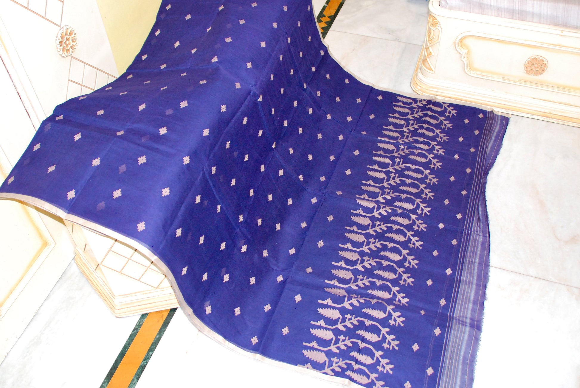 Traditional Needle Karat Work Poth Jamdani Saree in Indigo Blue and Beige