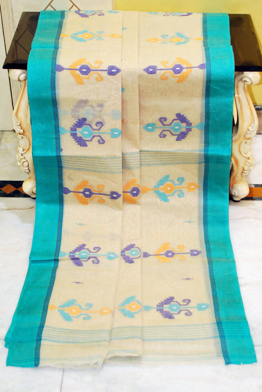 Hand Work Cotton Dhakai Jamdani Saree in Beige, Sea Green, Golden Yellow and Deep Blue