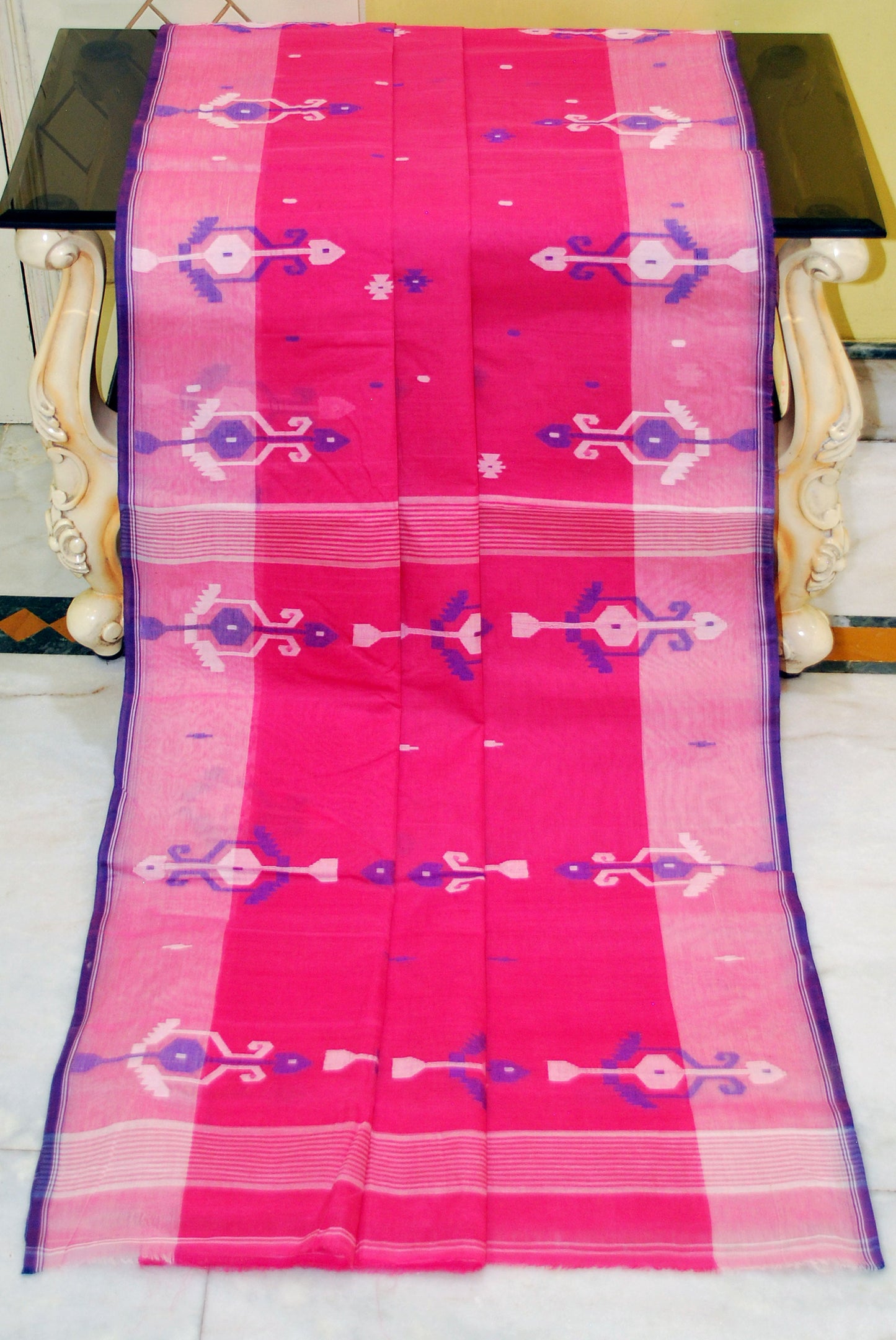 Hand Work Cotton Dhakai Jamdani Saree in Strawberry, Off White and Blue