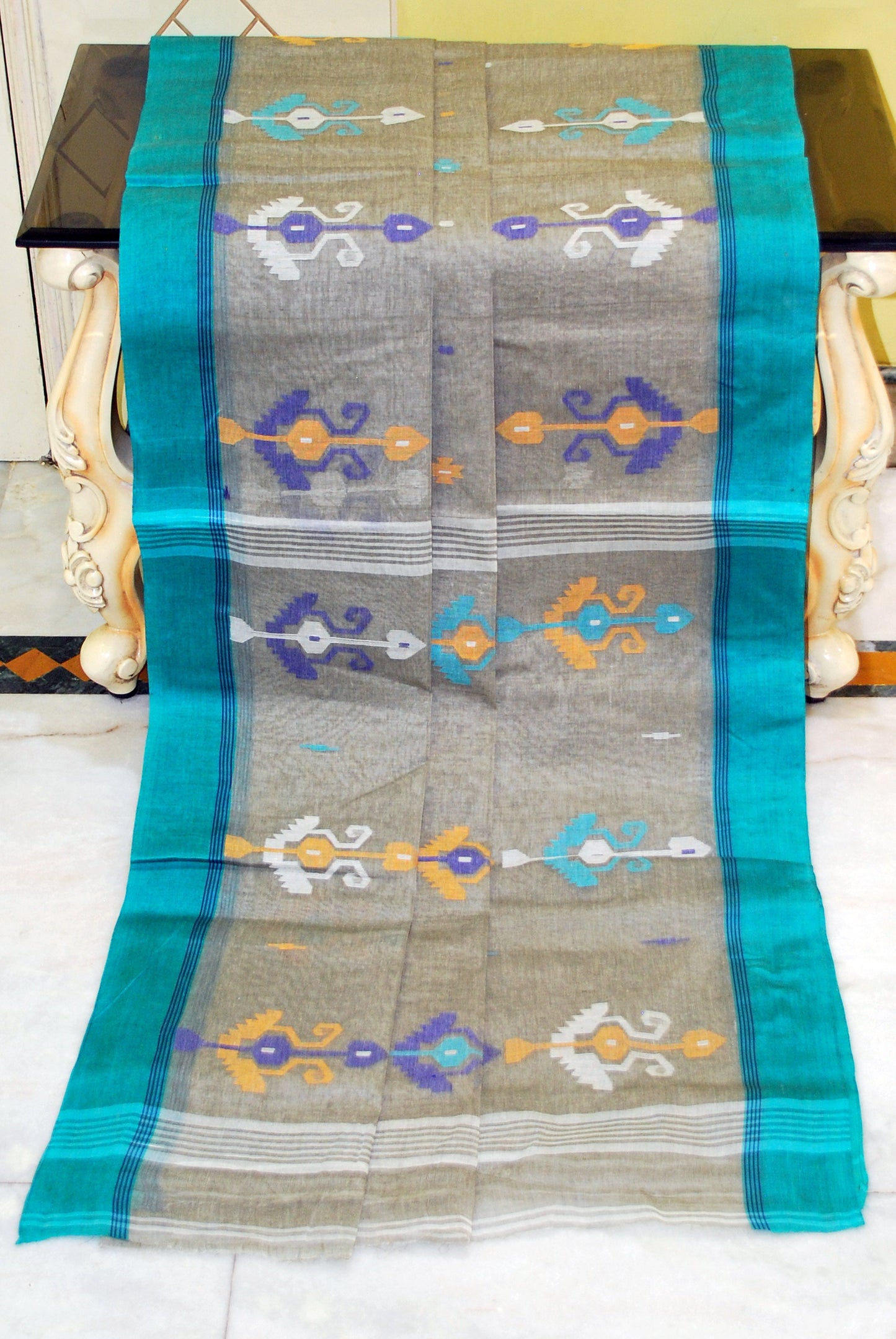 Hand Work Cotton Dhakai Jamdani Saree in Greige and Multicolored