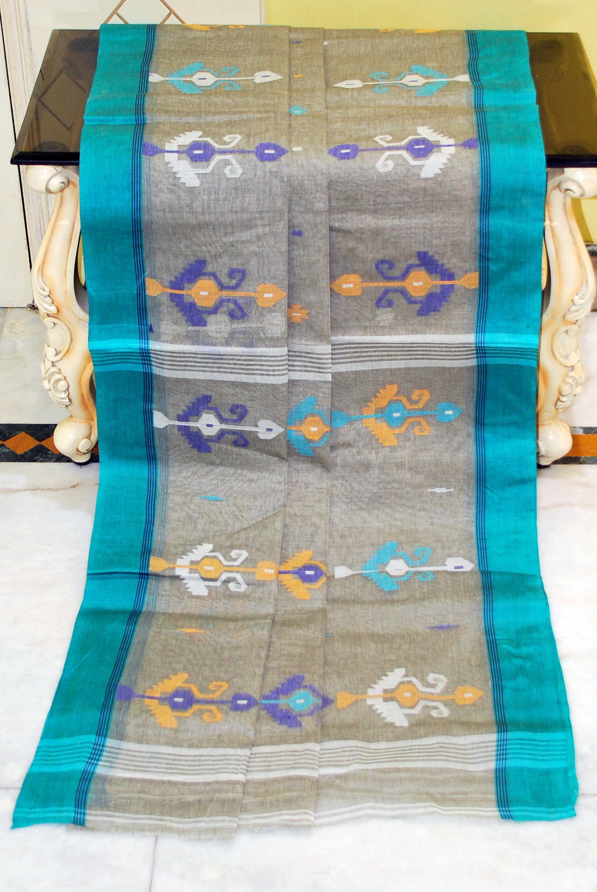 Hand Work Cotton Dhakai Jamdani Saree in Greige and Multicolored