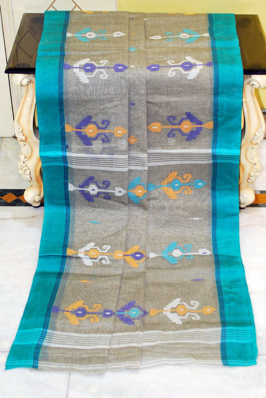 Hand Work Cotton Dhakai Jamdani Saree in Greige and Multicolored