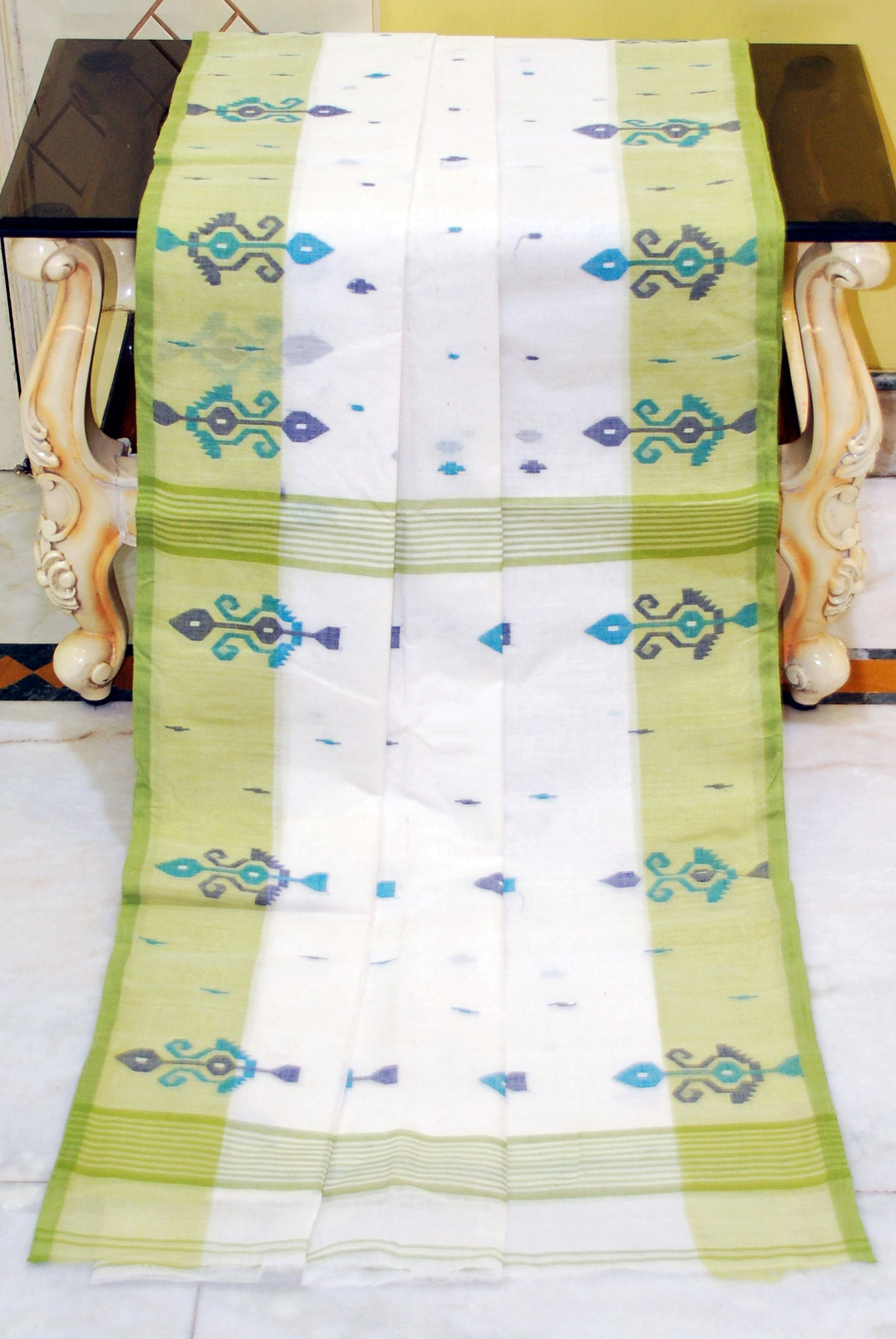 Hand Work Cotton Dhakai Jamdani Saree in White, Pastel Green, Navy Blue and Multicolored