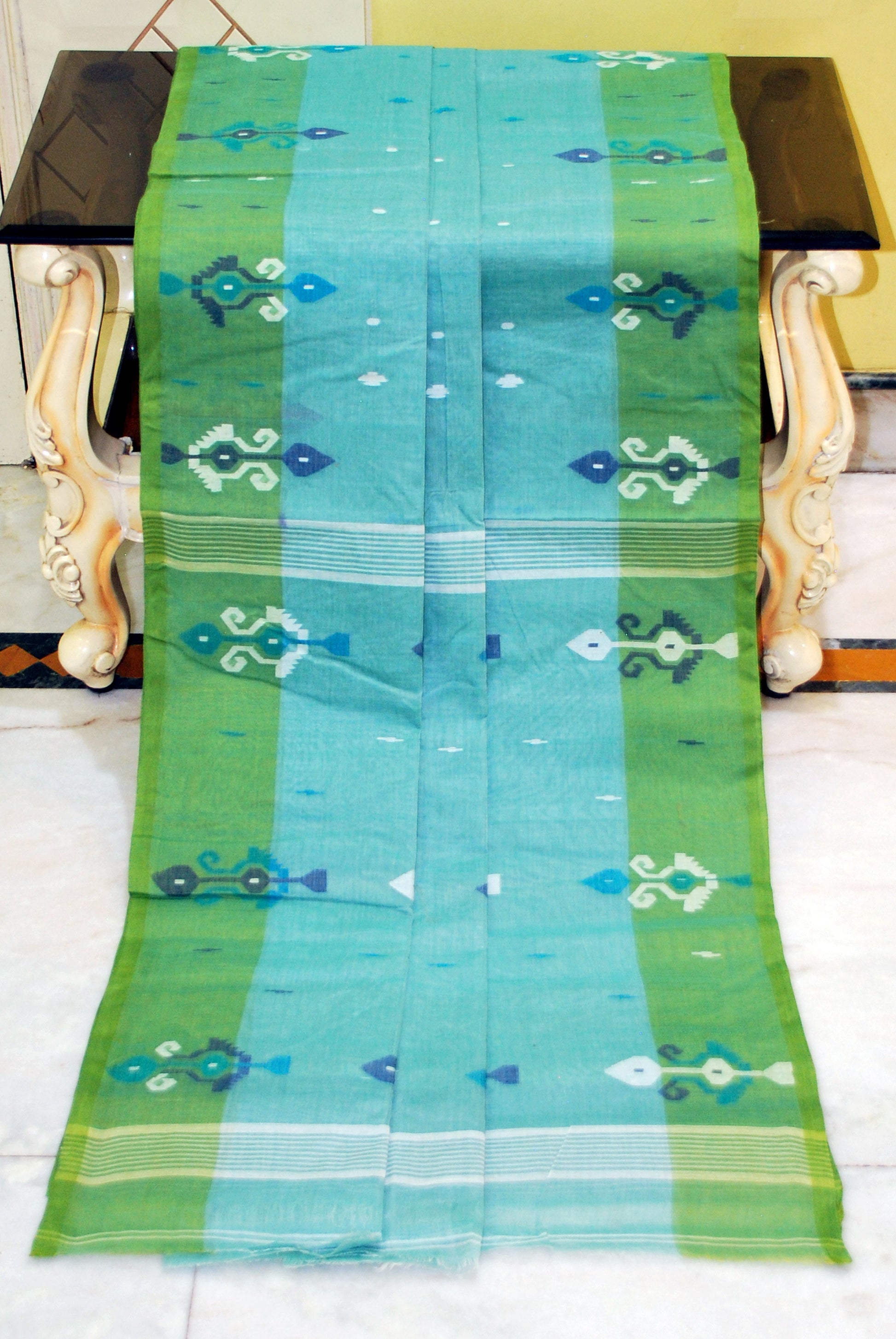 Hand Work Cotton Dhakai Jamdani Saree in Mint Blue, Diffuse Green and Multicolored