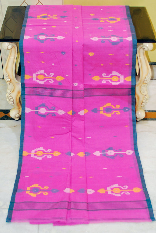 Hand Work Cotton Dhakai Jamdani Saree in Pink Blue, Blue and Multicolored