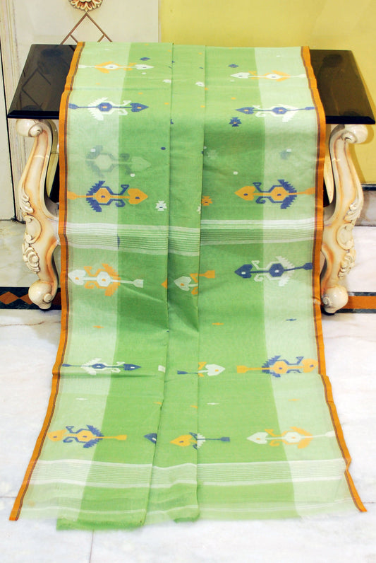 Hand Work Cotton Dhakai Jamdani Saree in Pastel Green, Off White and Multicolored