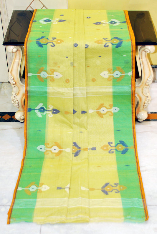 Hand Work Cotton Dhakai Jamdani Saree in Lime Green, Green and Multicolored